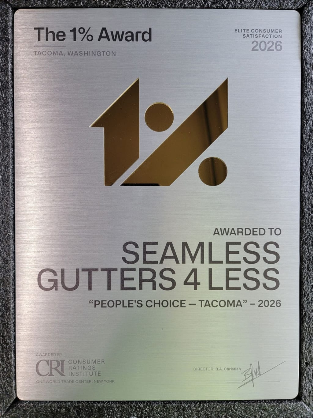 2026 People’s Choice — Tacoma plaque from the Consumer Ratings Institute, awarded to Seamless Gutters 4 Less.